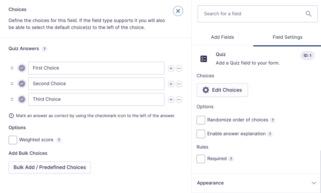 Quiz Field Choices flyout