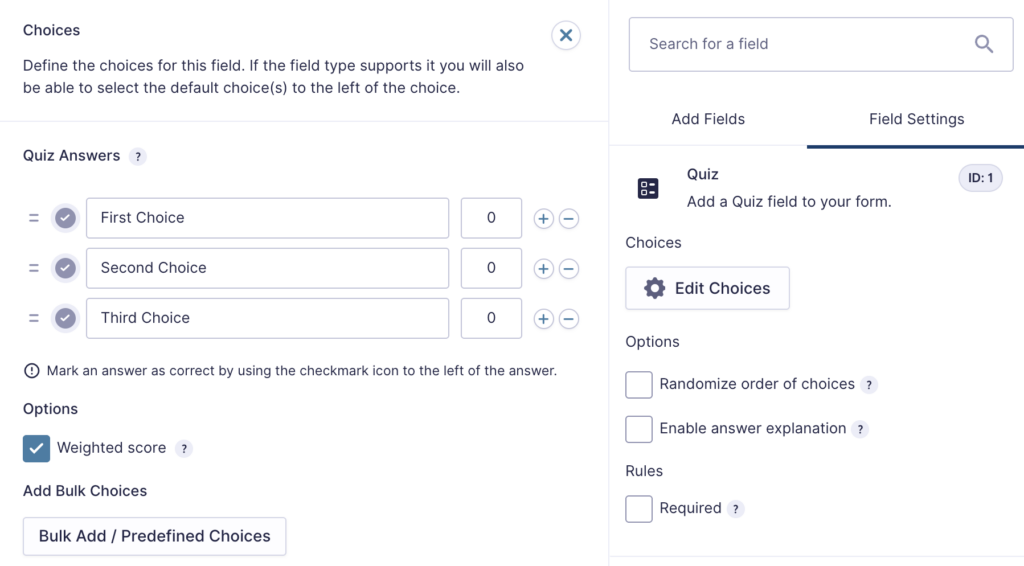 Quiz Field Choices with weighed score