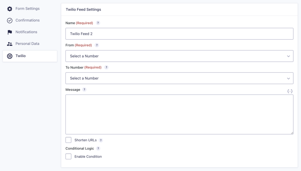 Twilio Feed Settings Page