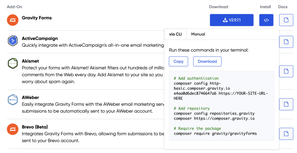 Image showing Composer installation instructions in the Gravity Account Dashboard.