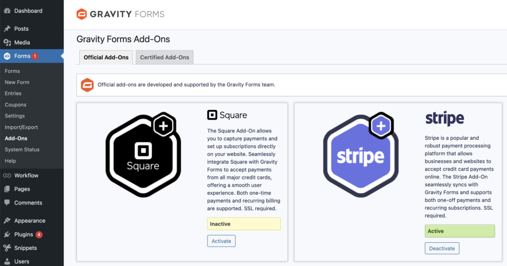 Image: Gravity Forms Add-Ons as seen within the WordPress admin area.