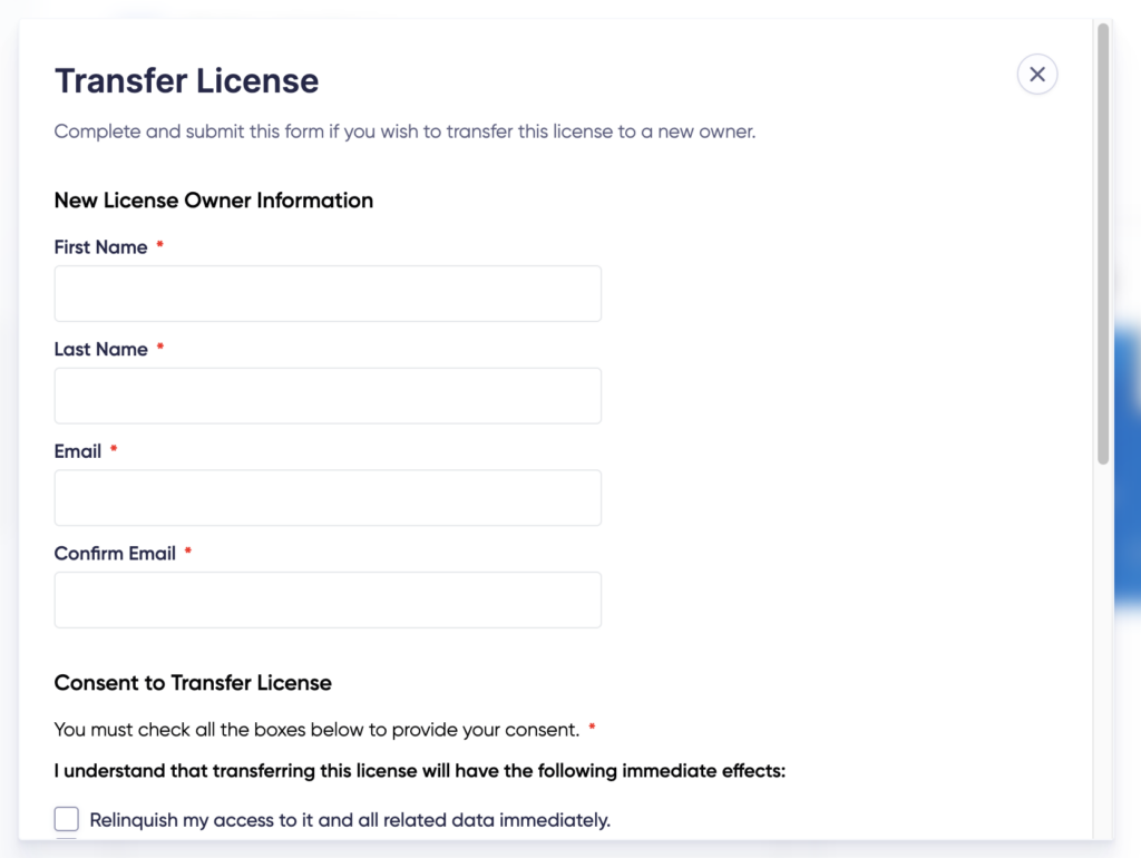 Image showing transfer license modal