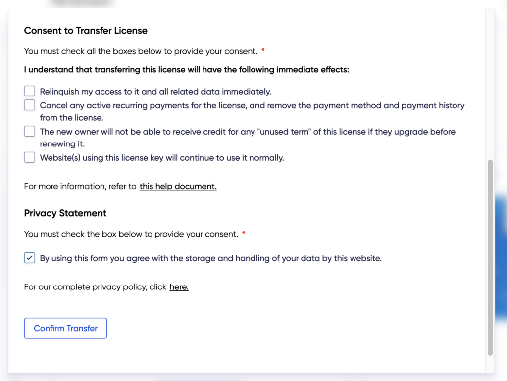 Image showing transfer license modal