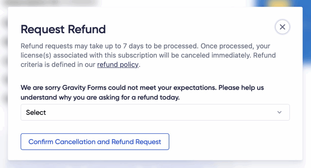 Modal showing request refund confirmation promtp