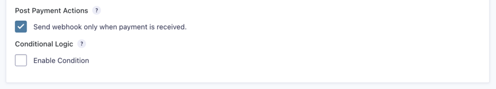 Image showing Post Payment Actions in the Stripe feed for the Webhooks Add-On