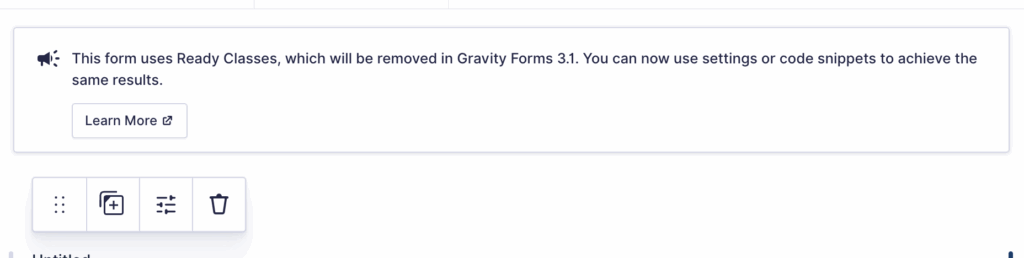 Image showing Ready Classes deprecation notice in the Form Editor