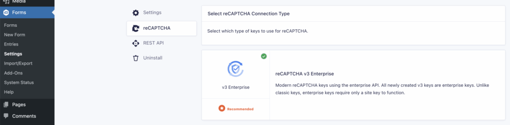 Image showing reCAPTCHA Add-On Settings