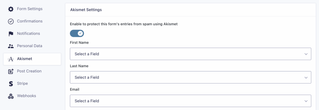 Image showing Akismet in the Form Settings.