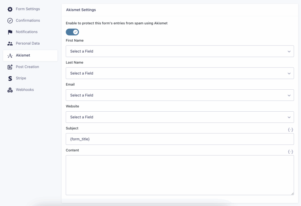 Screenshot of the Gravity Forms Akismet Add-On form level settings options. 
