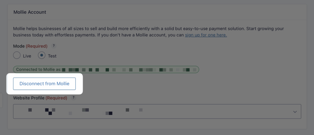 Image showing Disconnect from Mollie button