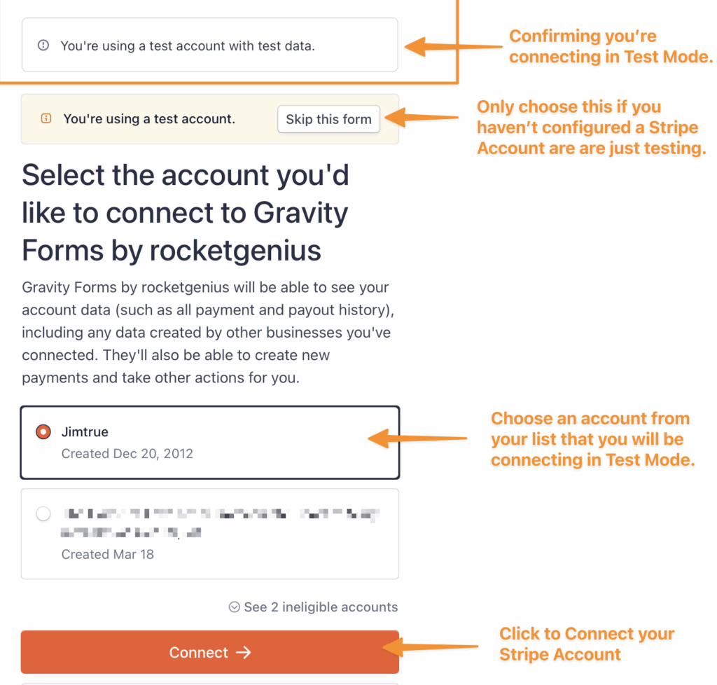 Image showing Stripe Connection Screen for Test Mode