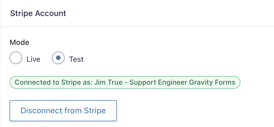 Connected to Stripe in TEST mode under Stripe Settings
