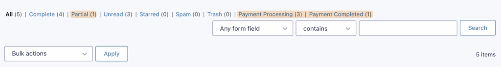 Filter Toolbar showing normal filter statuses and the Partial and Payment Statuses.
