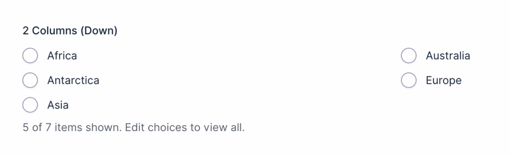 Image showing a Radio Buttons field with Columns set to Down