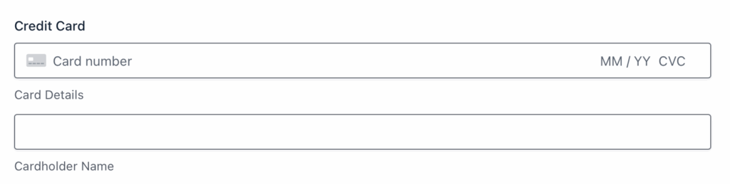Stripe Card Element Example showing Credit Card Input and Cardholder Name.
