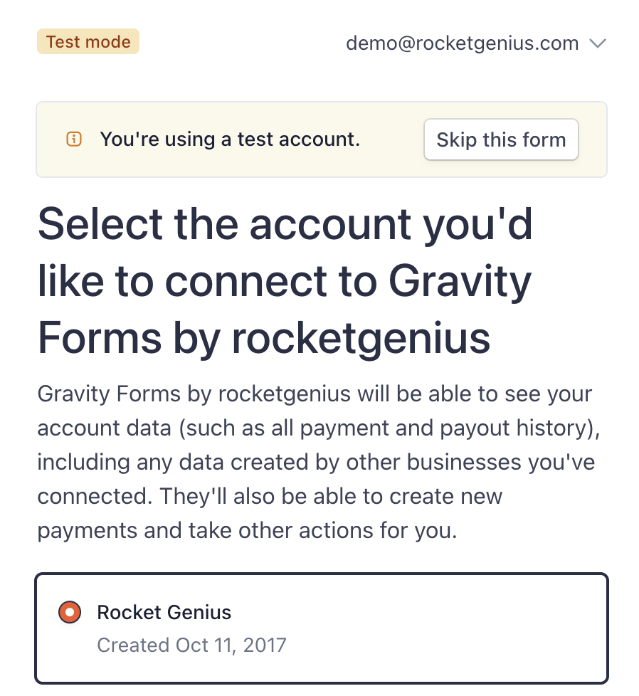 Select your Account to connect to Stripe in Test Mode.