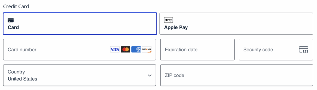 Stripe Payment Element example showing Credit Card input and Apple Pay.