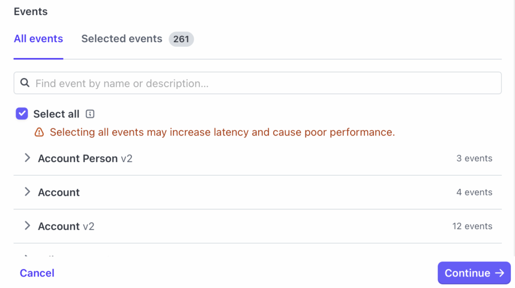 Image showing Stripe selected events with warning.