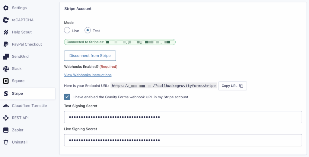 Image showing Stripe Connected in Test Mode.