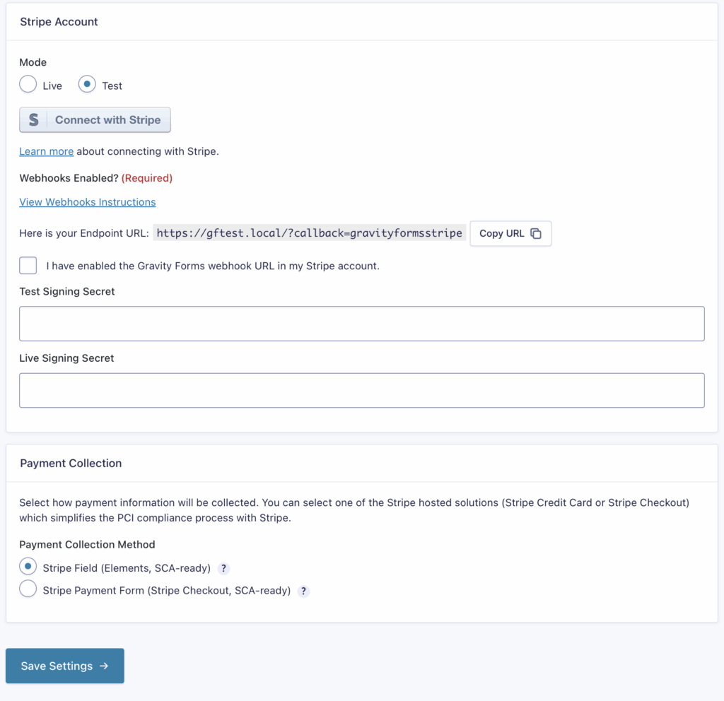 Stripe Settings for Gravity Forms under Forms > Settings > Stripe showing the Live or Test Mode connection and Webhook configuration along with Payment Collection configuration.