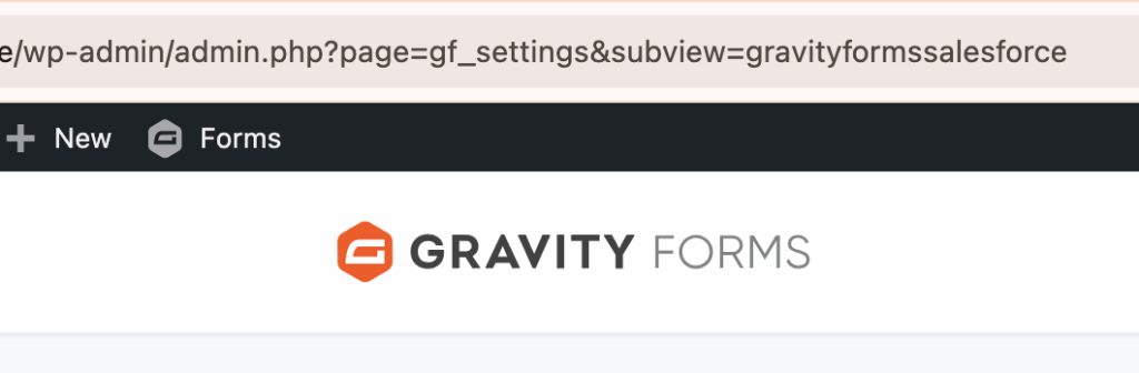 Image showing URL for the Salesforce settings in Gravity Forms.