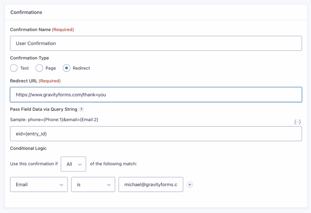 Configuring Confirmations - Redirect Confirmations