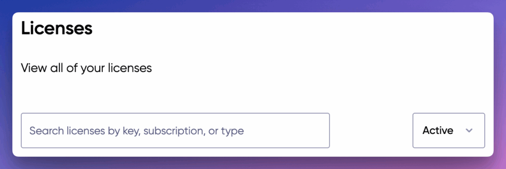 Screenshot of the Licenses search box