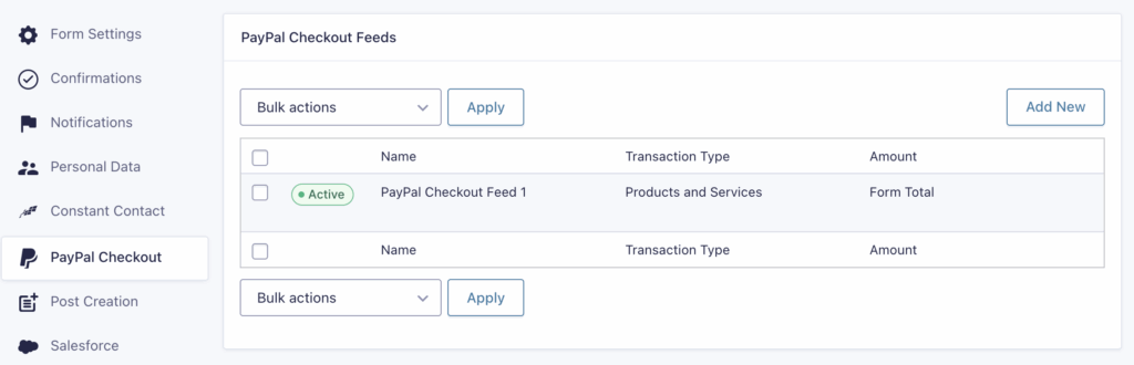 PayPal Checkout Add-On Feeds List