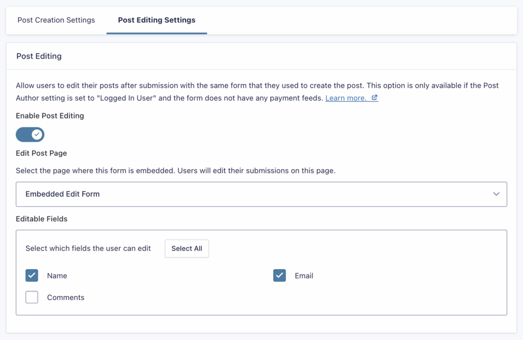Image showing Post Editing Settings