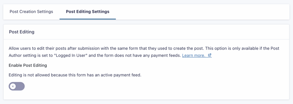 Image showing Post Editing Settings disabled
