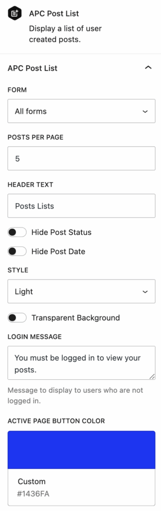 Image showing APC Post List block settings