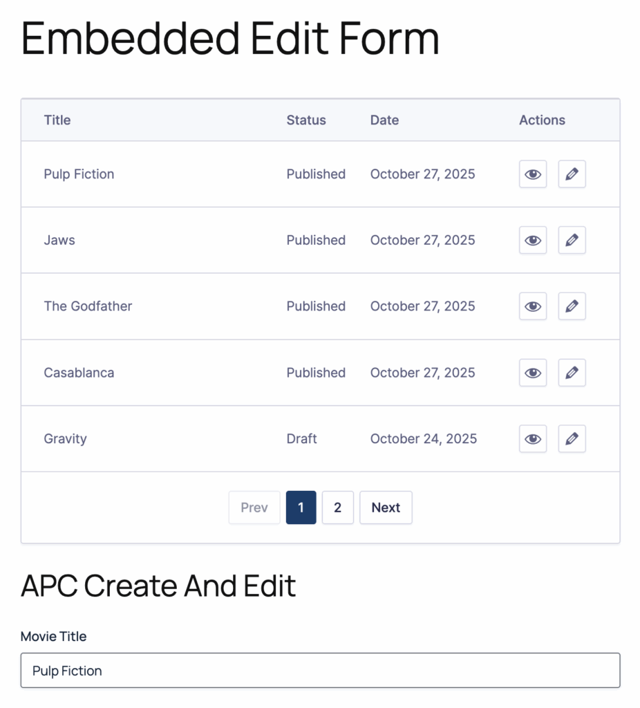 Image showing the APC Posts List block and the form in edit mode
