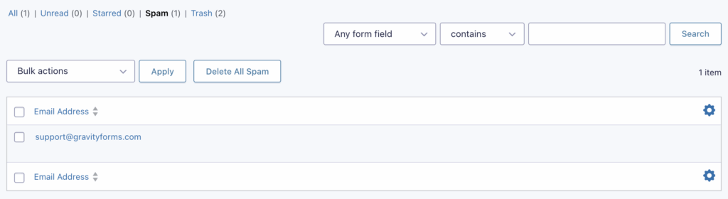 Image showing the Entries list for Spam entries.