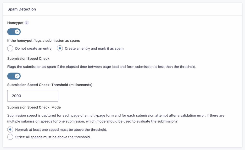 Image showing Spam Detection settings