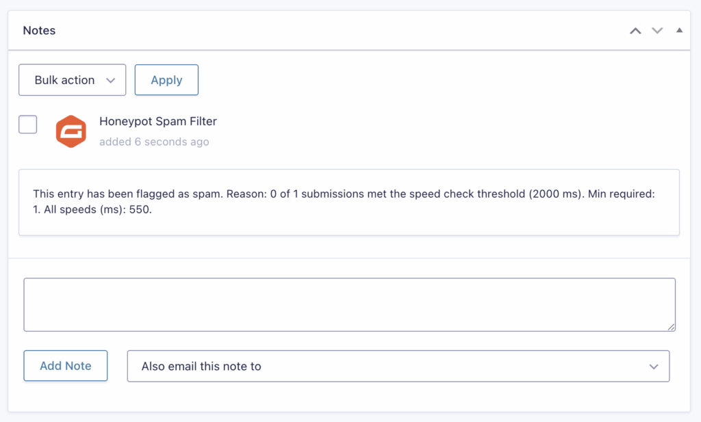 Image showing Entry Notes with Speed Submission check and Honeypot Spam Filter validation.