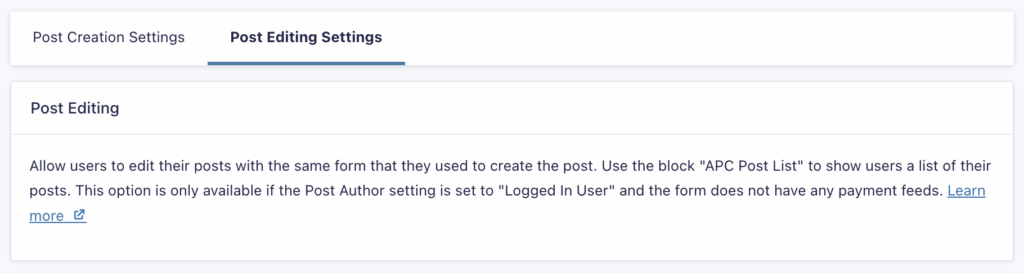 Image showing Post Editing Settings when the Post Author settings is not set to Logged In User.