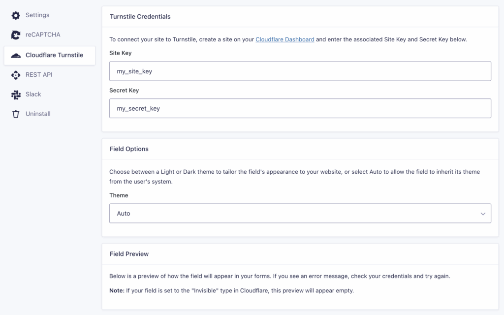 Image showing Gravity Forms Turnstile Add-On settings page.