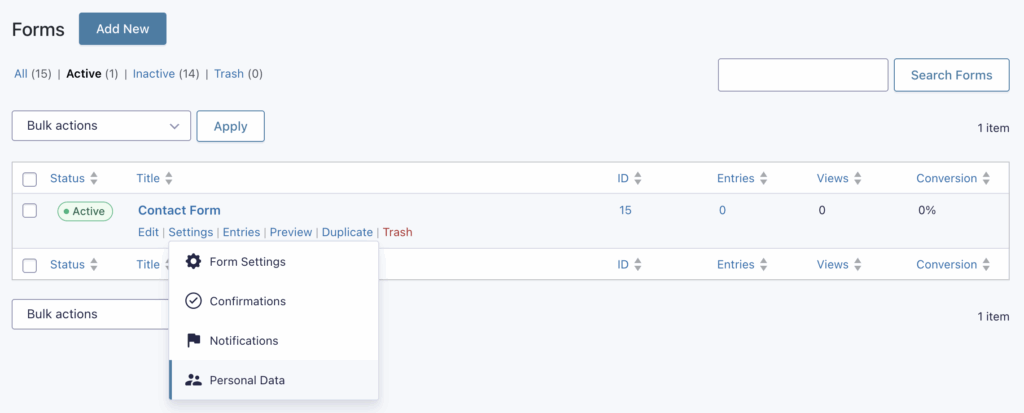 Personal Data settings in the menu in the form's list