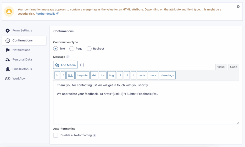 Image showing warning message when using a merge tag as the HTML value.