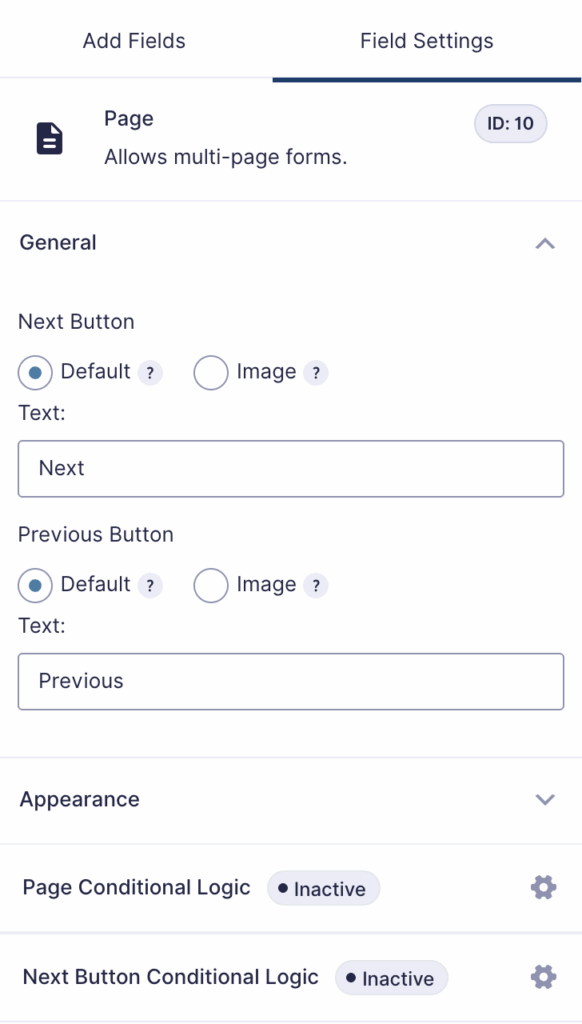 Image showing navigation control settings in the form editor