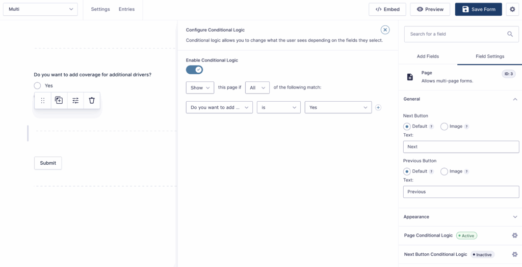 Image showing conditional logic settings for the Page