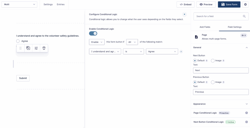 Image showing conditional logic settings for the Next Button