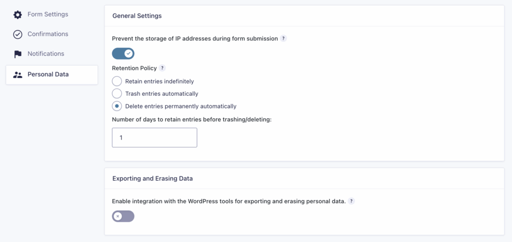 Screenshot of Form Settings - Personal Data Settings