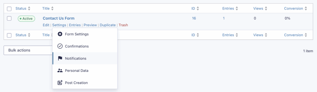 Image showing the form list with the Settings menu