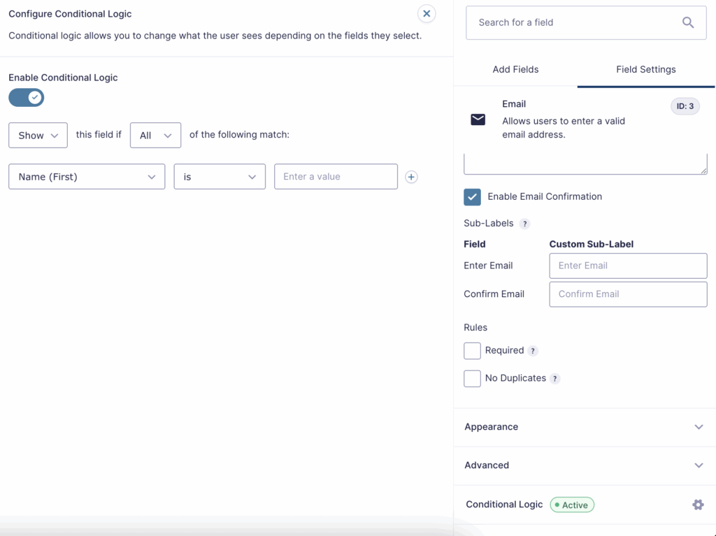 Image showing Conditional Logic settings for a field