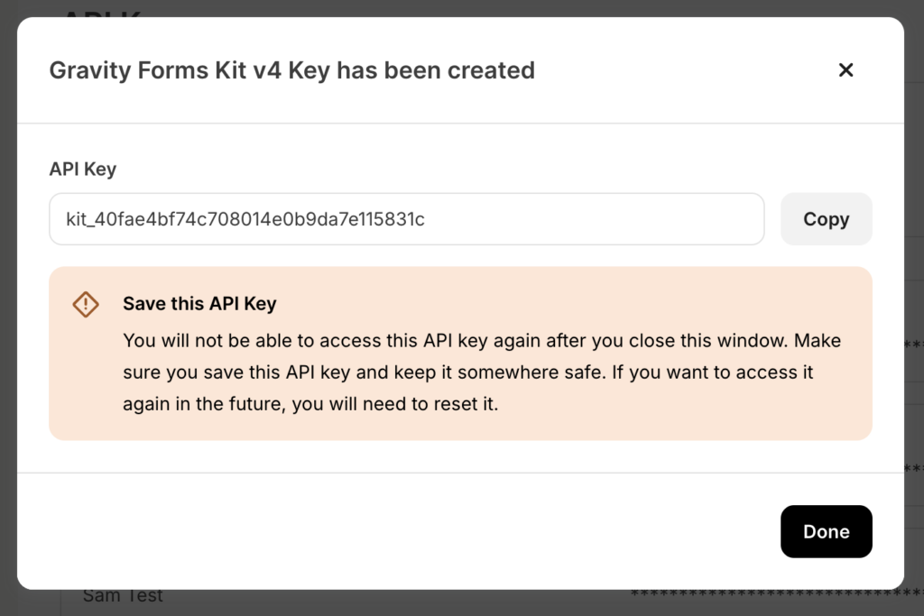 Image showing Kit new API Key modal