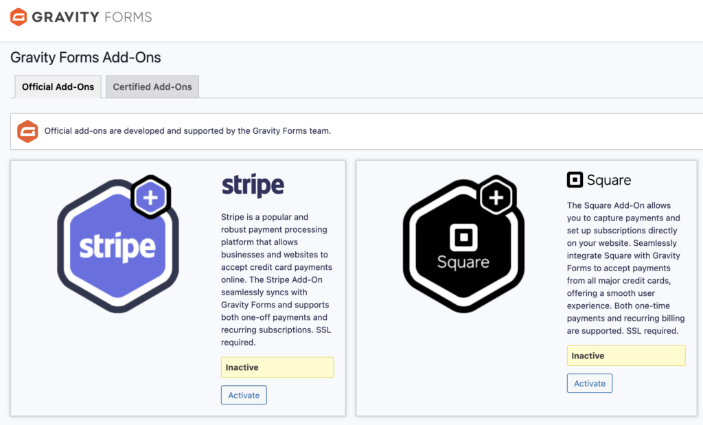 Image showing Add-Ons list in the WordPress dashboard.