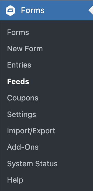 Image showing Feeds item in the WordPress Gravity Forms menu