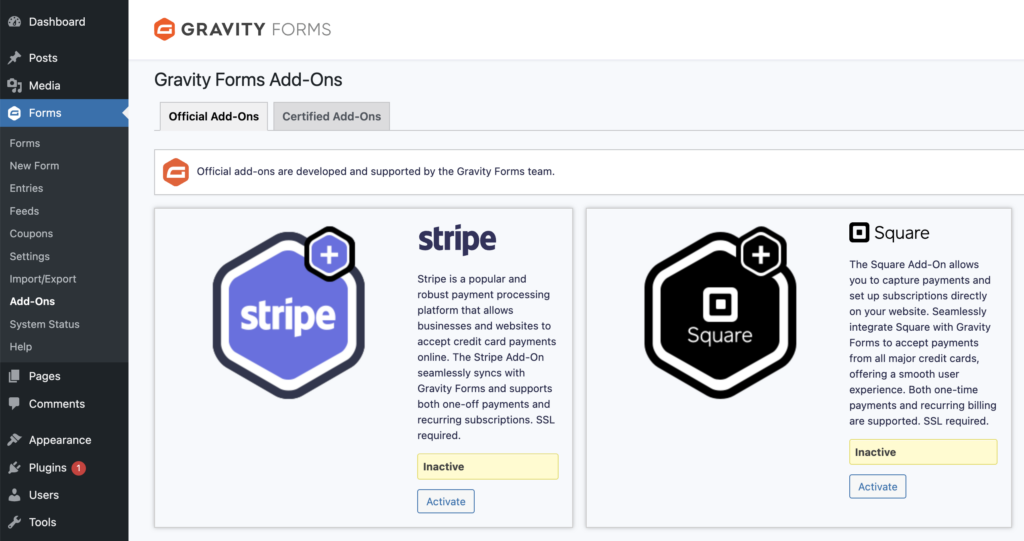Image showing add-on browser in the WordPress dashboard.