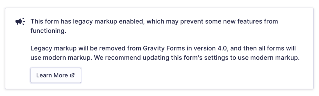 Image showing Legacy Markup warning in the form editor.